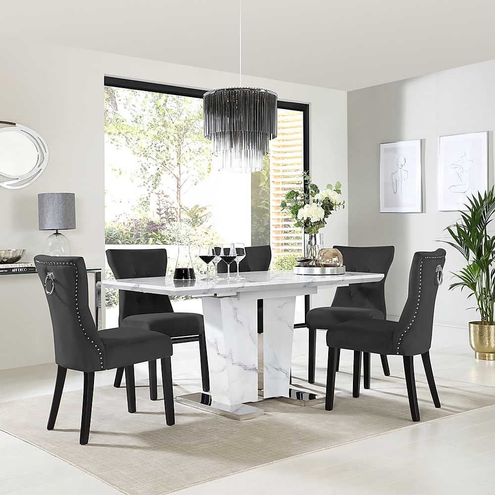 Vienna Extending Dining Table & 6 Kensington Chairs, White Marble Effect, Black Classic Velvet & Black Solid Hardwood, 120-160cm