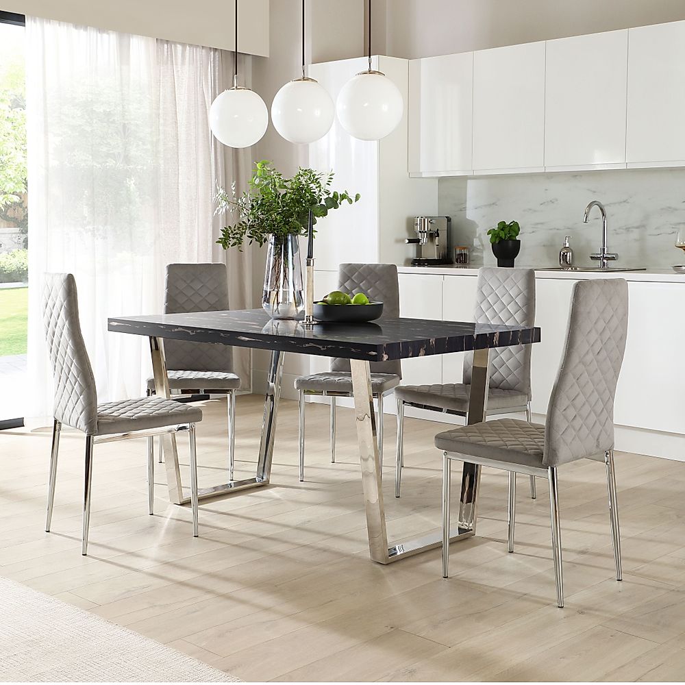 Milento Dining Table & 4 Renzo Chairs, Black Marble Effect & Chrome, Grey Classic Velvet, 150cm