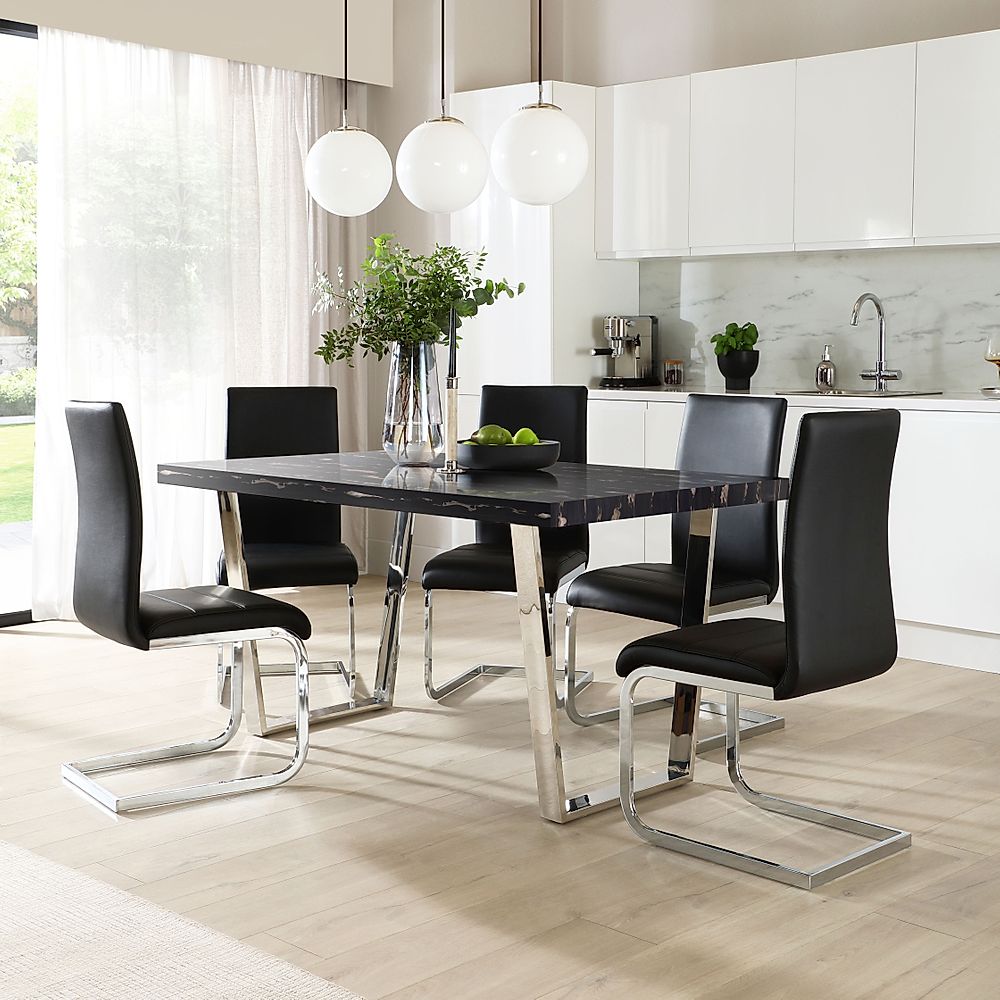 Milento Dining Table & 6 Perth Chairs, Black Marble Effect & Chrome, Black Classic Faux Leather, 150cm
