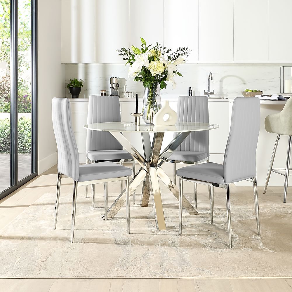 Plaza Round Dining Table & 4 Leon Chairs, White Marble Effect & Chrome, Light Grey Classic Faux Leather, 110cm