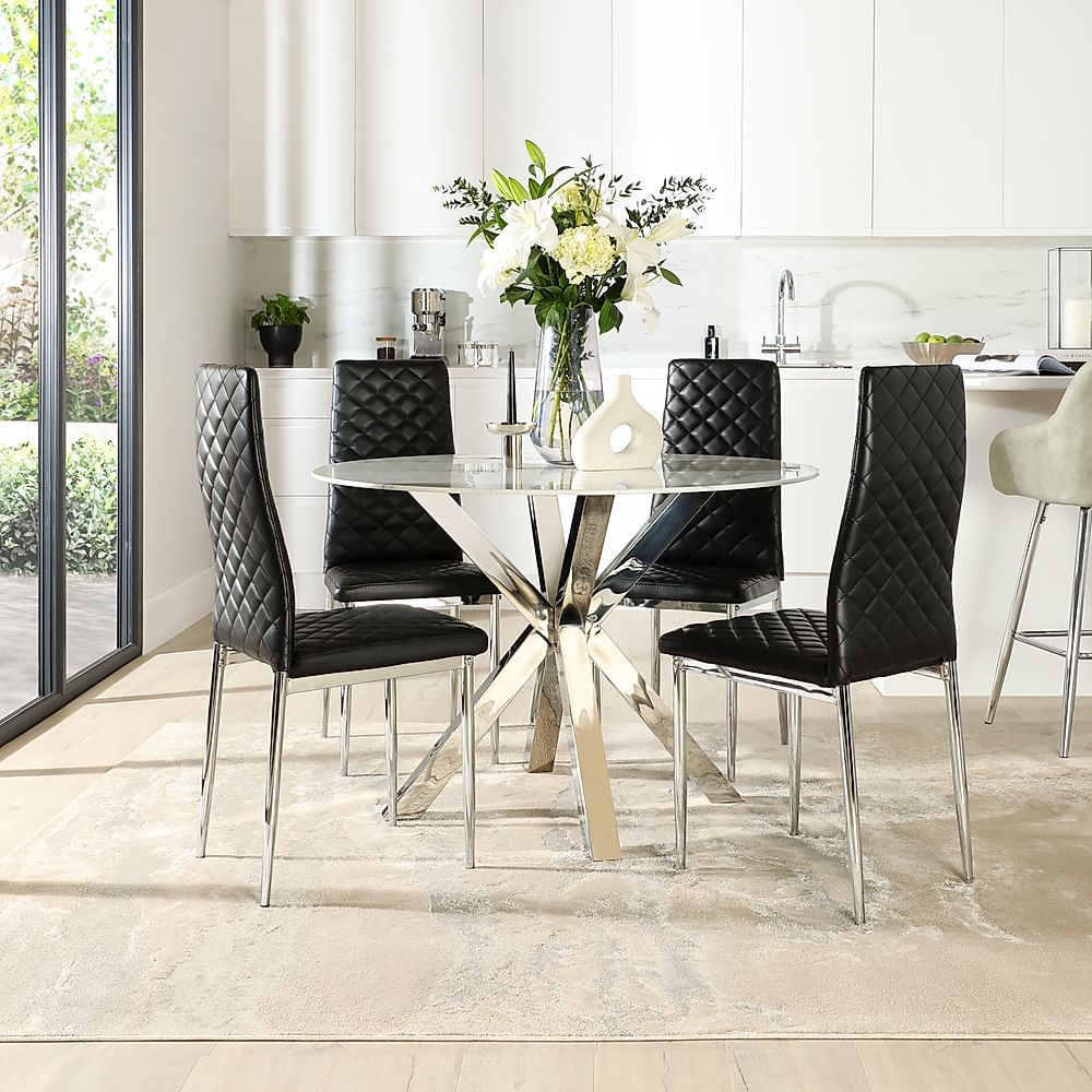 Plaza Round Dining Table & 4 Renzo Chairs, White Marble Effect & Chrome, Black Classic Faux Leather, 110cm
