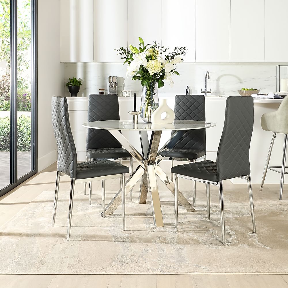 Plaza Round Dining Table & 4 Renzo Chairs, White Marble Effect & Chrome, Grey Classic Faux Leather, 110cm