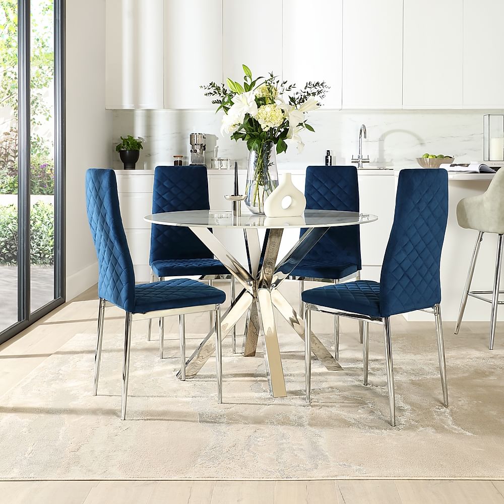 Plaza Round Dining Table & 4 Renzo Chairs, White Marble Effect & Chrome, Blue Classic Velvet, 110cm