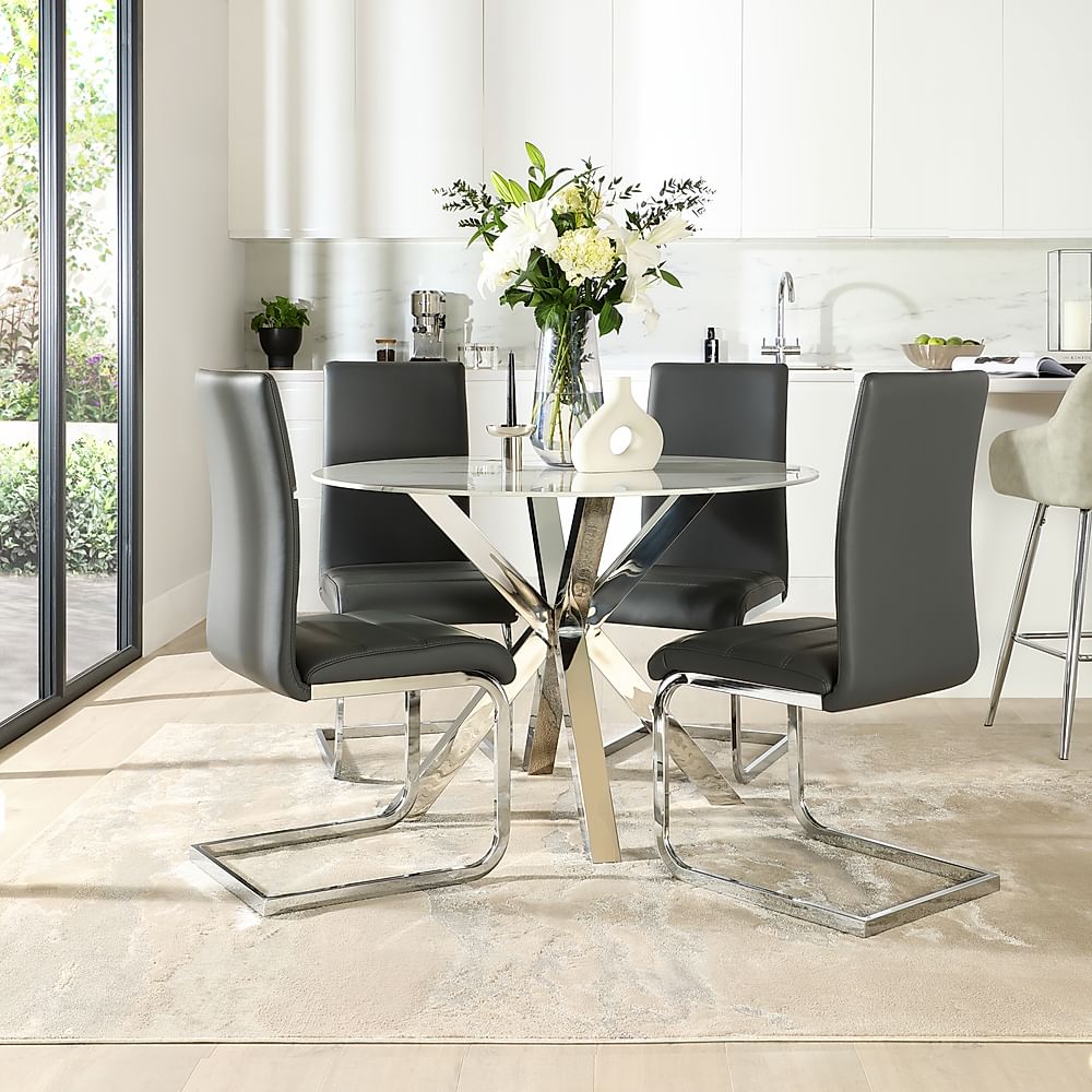 Plaza Round Dining Table & 4 Perth Chairs, White Marble Effect & Chrome, Grey Classic Faux Leather, 110cm