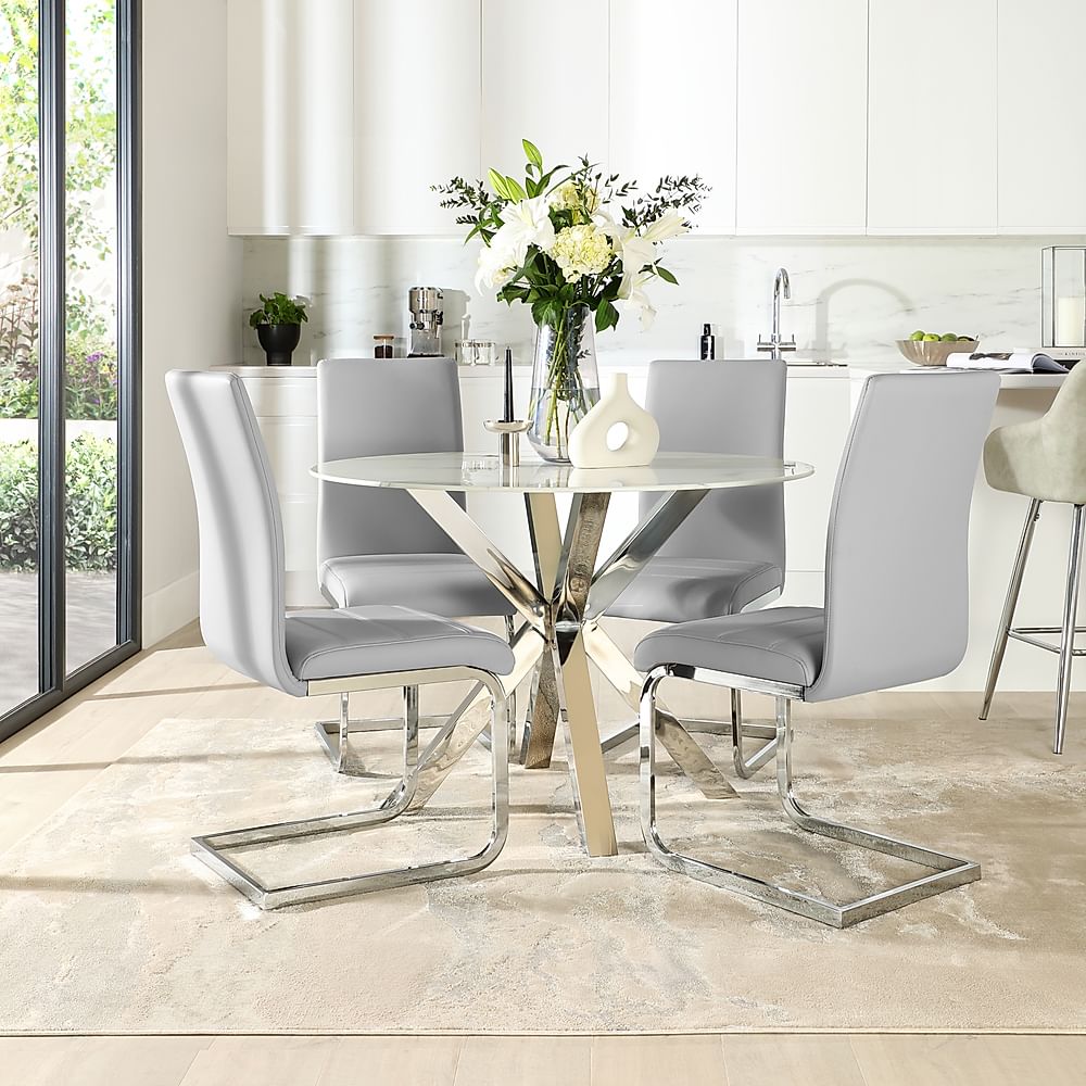 Plaza Round Dining Table & 4 Perth Chairs, White Marble Effect & Chrome, Light Grey Classic Faux Leather, 110cm
