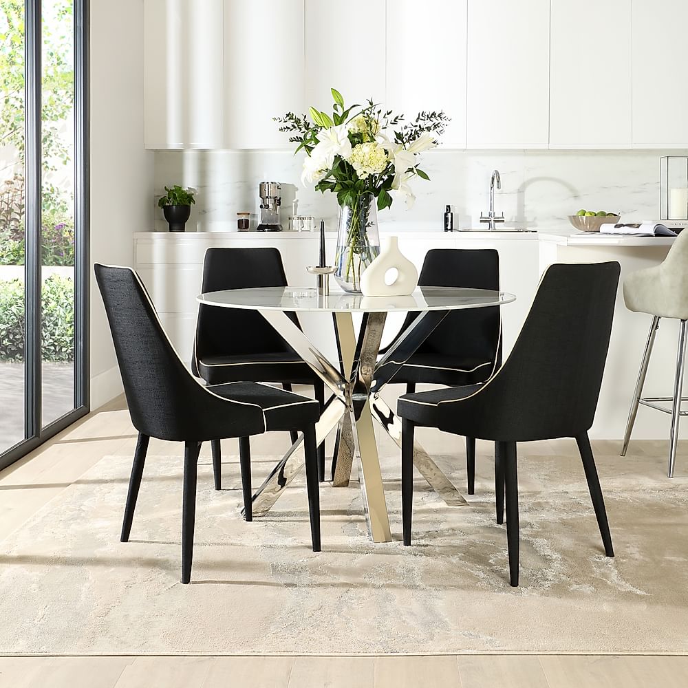 Plaza Round Dining Table & 4 Modena Chairs, White Marble Effect & Chrome, Black Classic Linen-Weave Fabric, 110cm