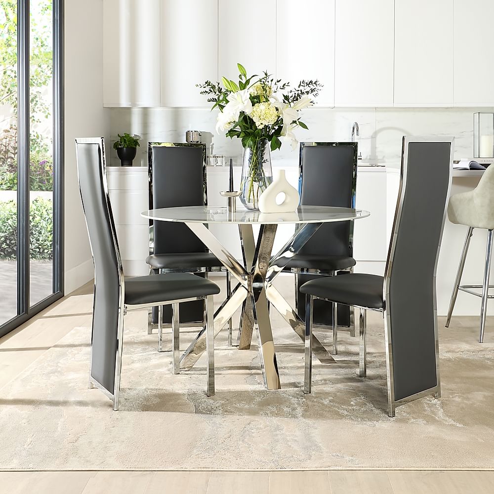 Plaza Round Dining Table & 4 Celeste Chairs, White Marble Effect & Chrome, Grey Classic Faux Leather, 110cm