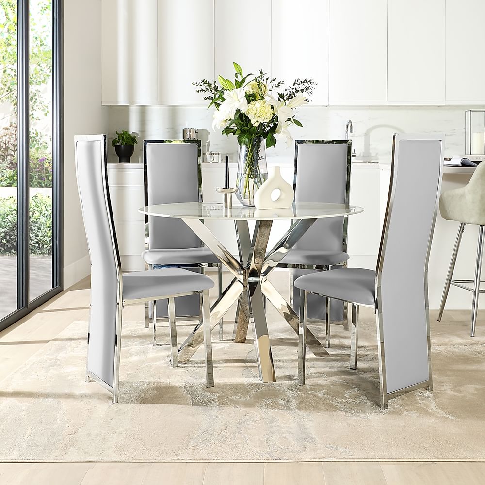 Plaza Round Dining Table & 4 Celeste Chairs, White Marble Effect & Chrome, Light Grey Classic Faux Leather, 110cm