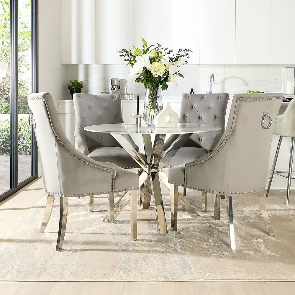 Plaza Round Dining Table & 4 Imperial Chairs, White Marble Effect & Chrome, Grey Classic Velvet, 110cm