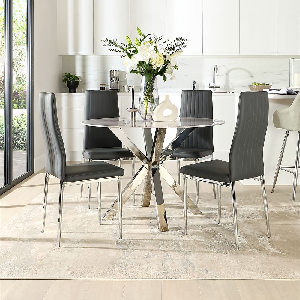 Plaza Round Dining Table & 4 Leon Chairs, Grey Marble Effect & Chrome, Grey Classic Faux Leather, 110cm
