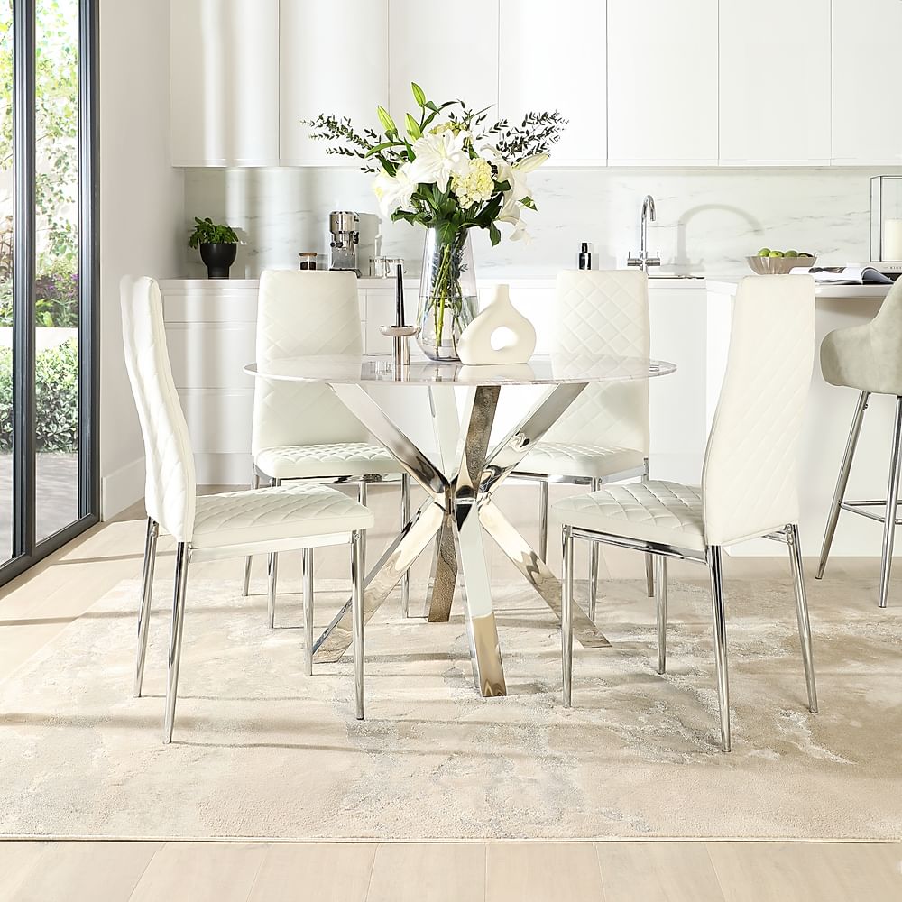 Plaza Round Dining Table & 4 Renzo Chairs, Grey Marble Effect & Chrome, White Classic Faux Leather, 110cm