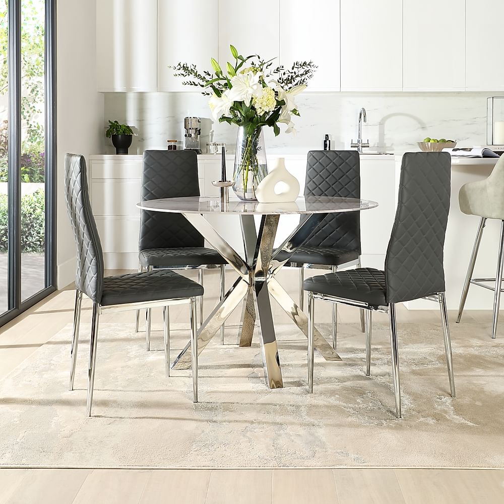 Plaza Round Dining Table & 4 Renzo Chairs, Grey Marble Effect & Chrome, Grey Classic Faux Leather, 110cm