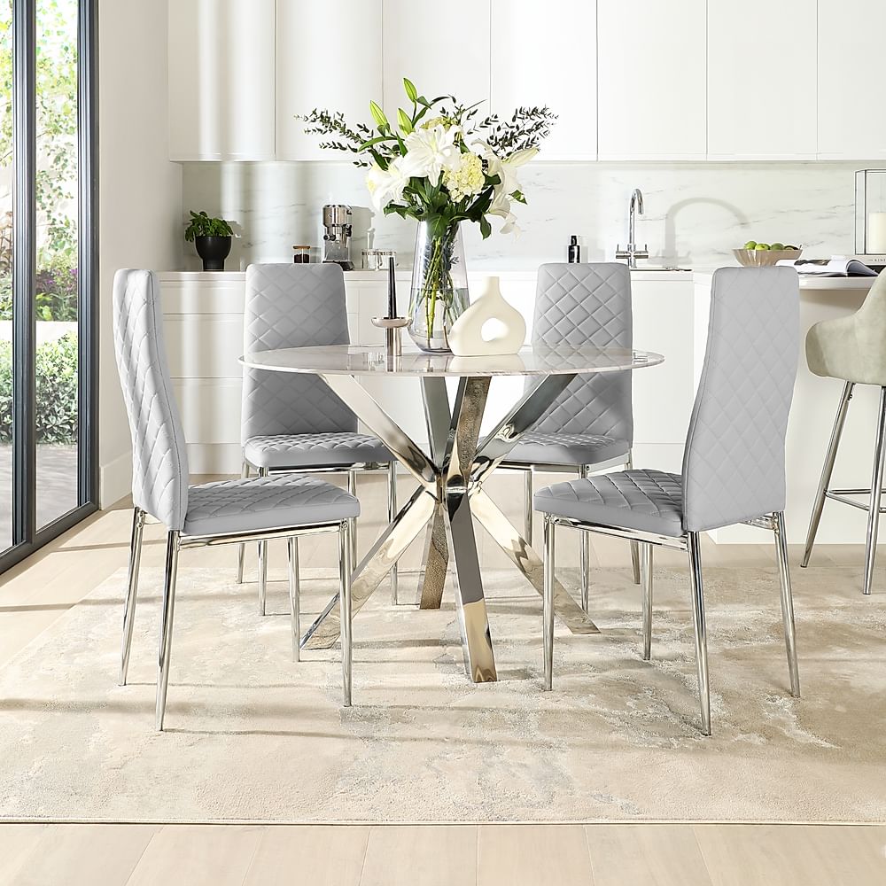 Plaza Round Dining Table & 4 Renzo Chairs, Grey Marble Effect & Chrome, Light Grey Classic Faux Leather, 110cm