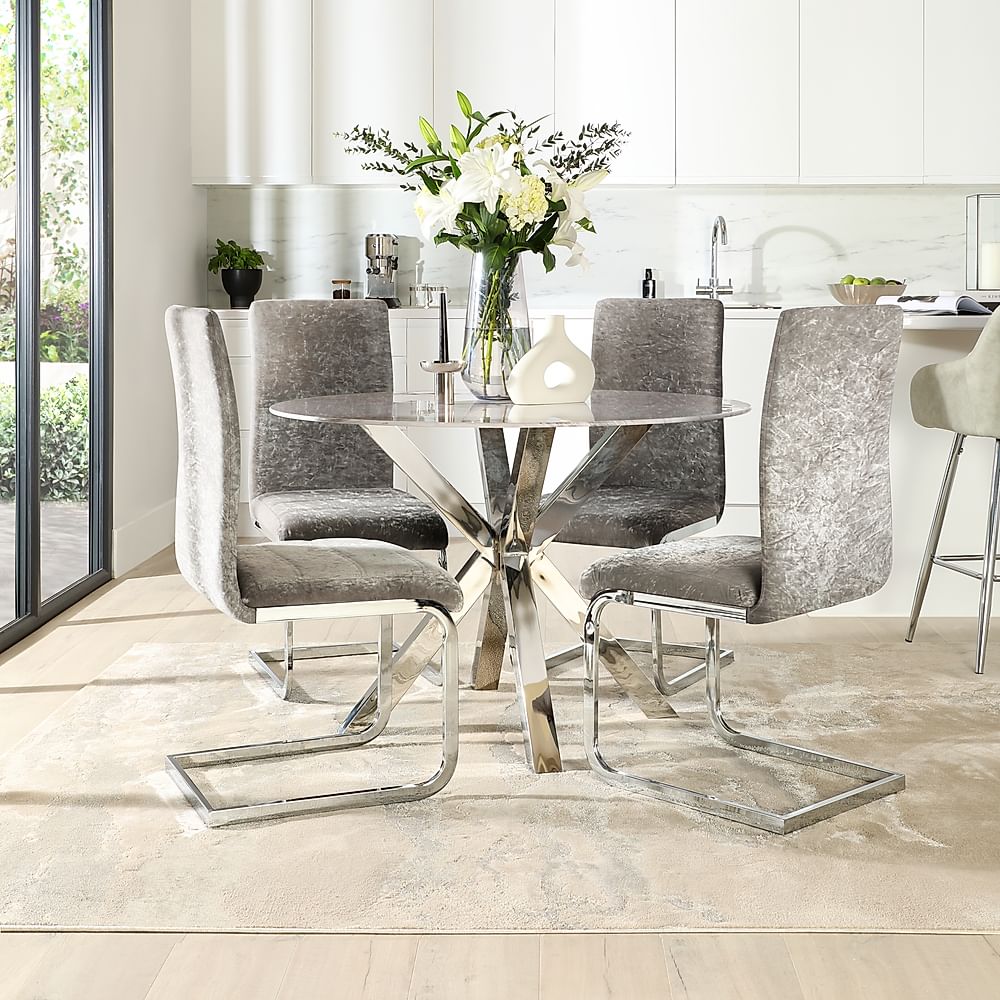 Plaza Round Dining Table & 4 Perth Chairs, Grey Marble Effect & Chrome, Silver Crushed Velvet, 110cm
