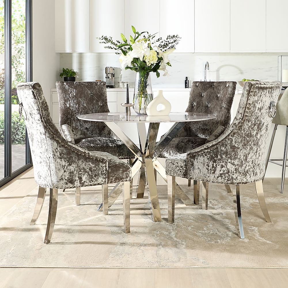 Plaza Round Dining Table & 4 Imperial Chairs, Grey Marble Effect & Chrome, Silver Crushed Velvet, 110cm