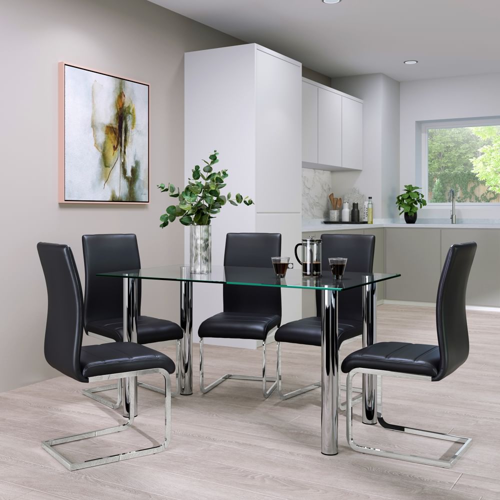 Lunar Dining Table & 4 Perth Chairs, Glass & Chrome, Black Classic Faux ...