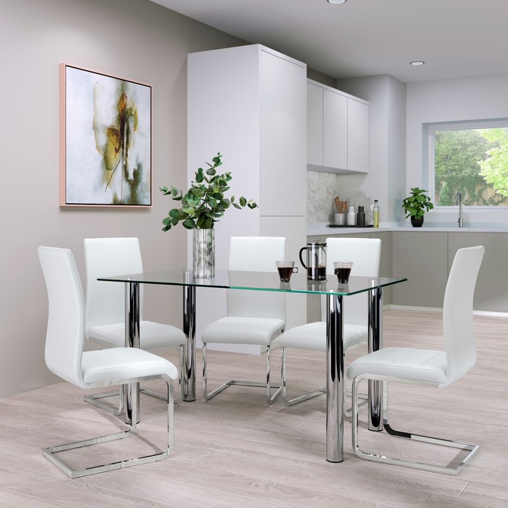 Lunar Dining Table & 4 Perth Chairs, Glass & Chrome, White Classic Faux Leather, 140cm