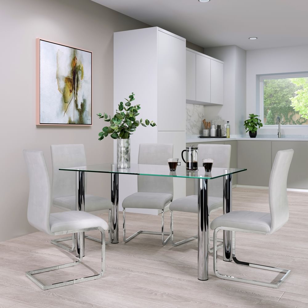 Lunar Dining Table & 6 Perth Chairs, Glass & Chrome, Dove Grey Classic Plush Fabric, 140cm
