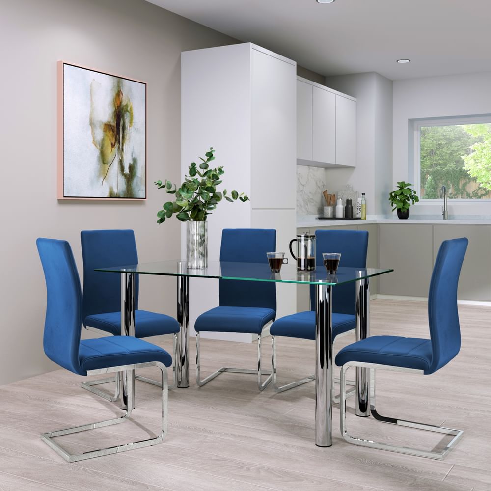 Lunar Dining Table & 6 Perth Chairs, Glass & Chrome, Blue Classic Velvet, 140cm