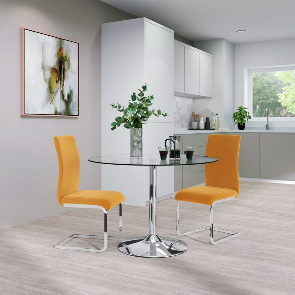 Orbit Round Dining Table & 2 Perth Chairs, Glass & Chrome, Mustard Classic Velvet, 110cm