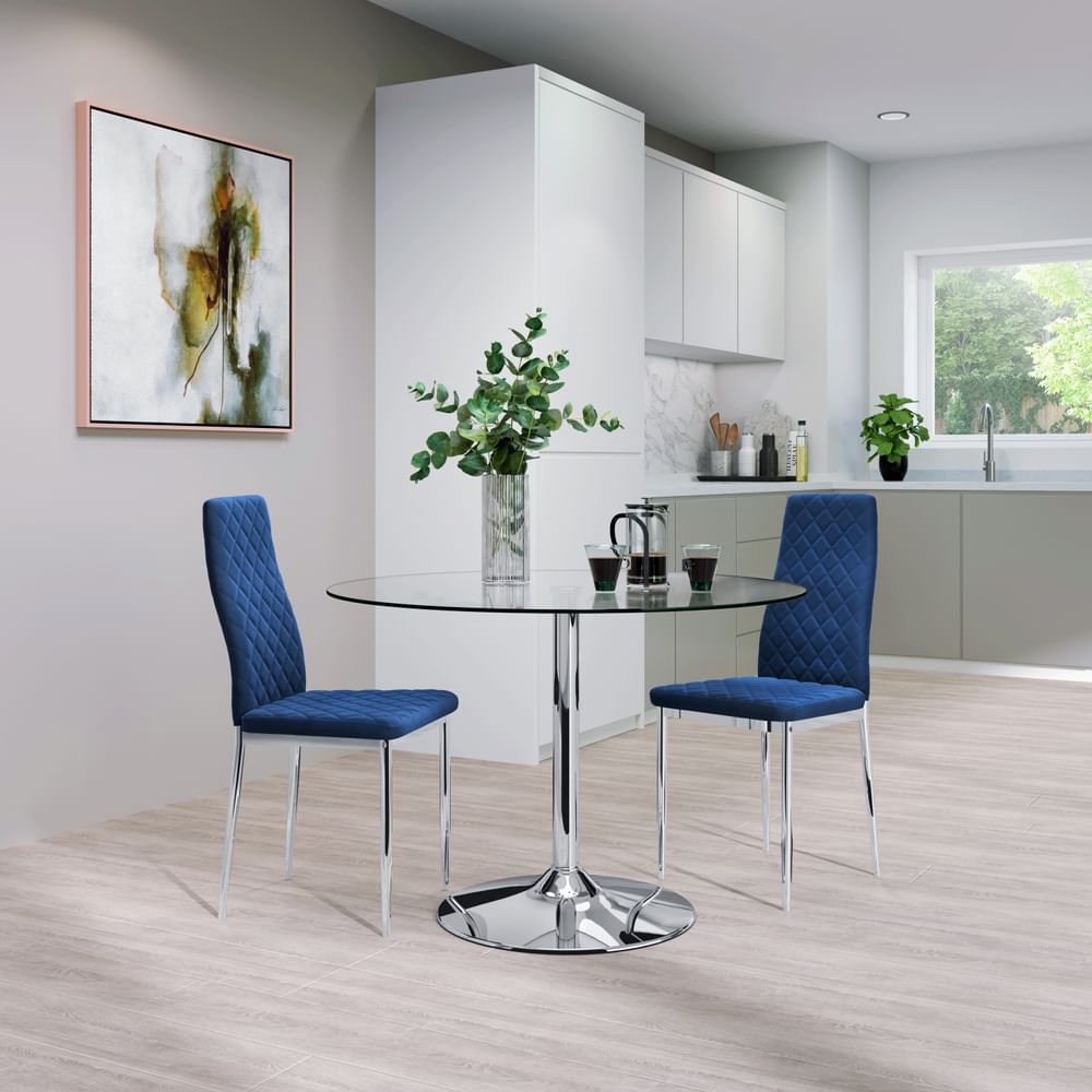 Orbit Round Dining Table & 2 Renzo Chairs, Glass & Chrome, Blue Classic Velvet, 110cm