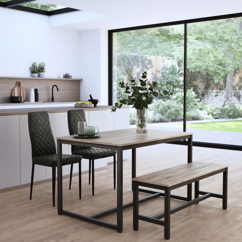Avenue Dining Table, Bench & 2 Renzo Chairs, Natural Oak Effect & Black Steel, Vintage Grey Classic Faux Leather, 120cm