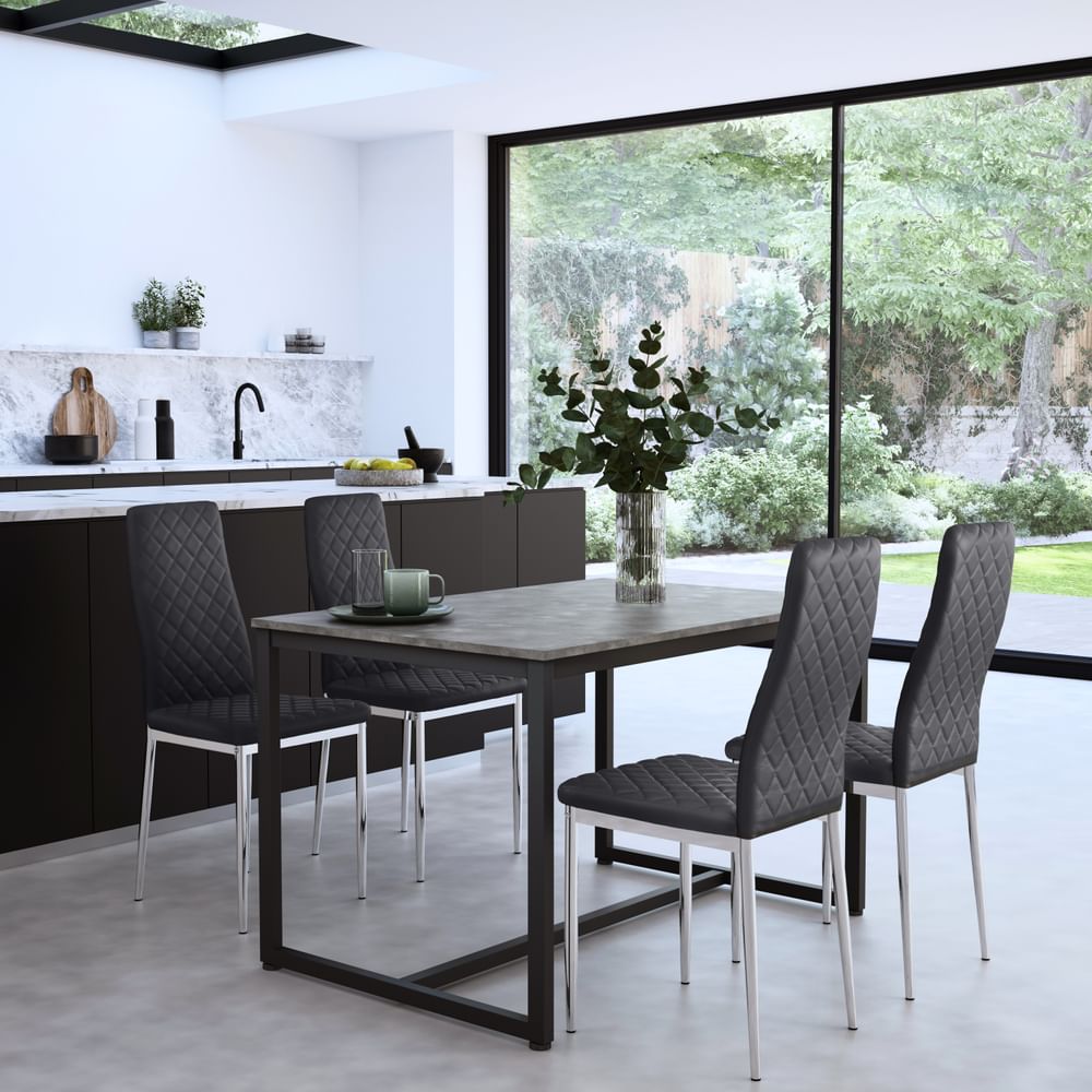 Avenue Industrial Dining Table & 4 Renzo Chairs, Grey Concrete Effect & Black Steel, Grey Classic Faux Leather & Chrome, 120cm