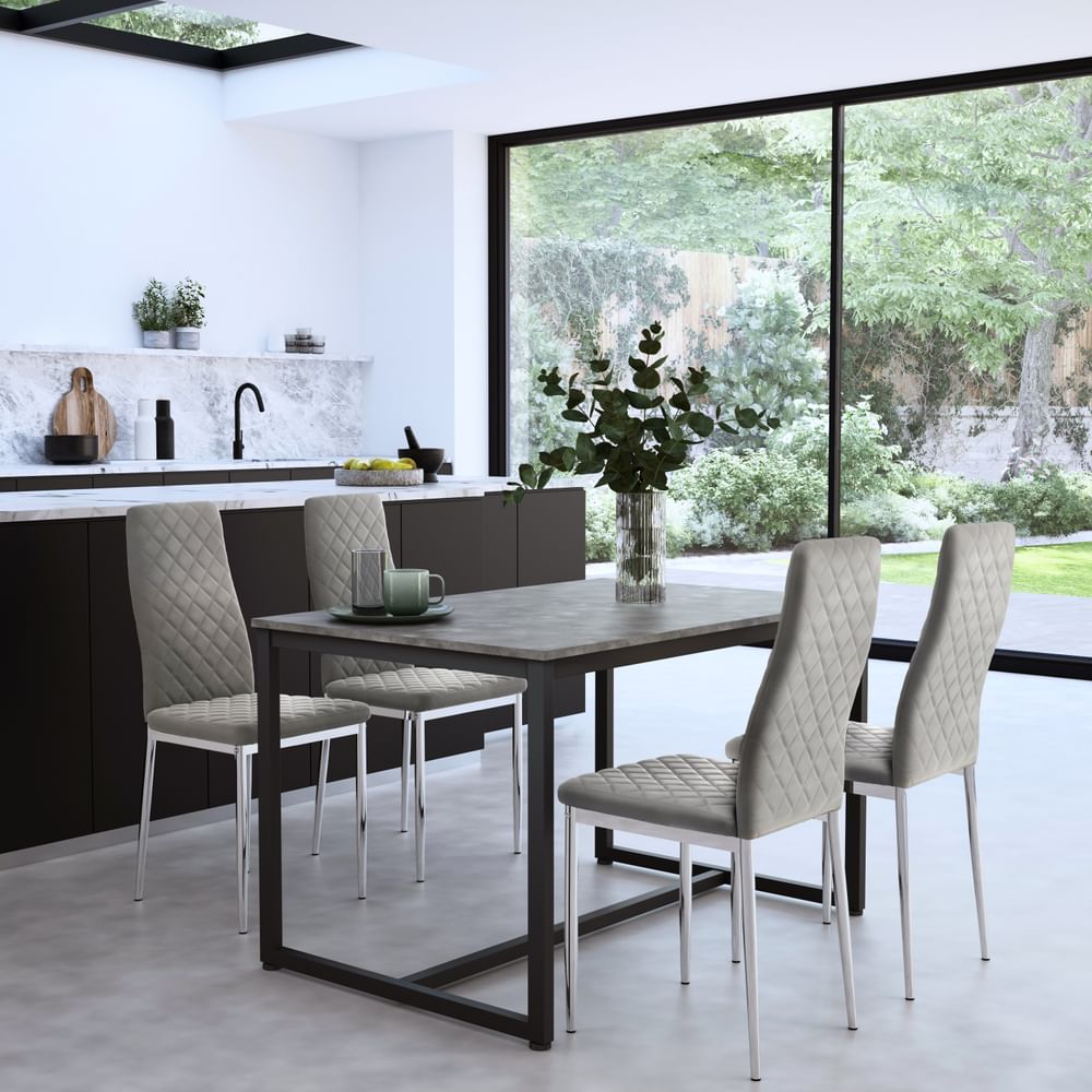 Avenue Industrial Dining Table & 4 Renzo Chairs, Grey Concrete Effect & Black Steel, Grey Classic Velvet & Chrome, 120cm