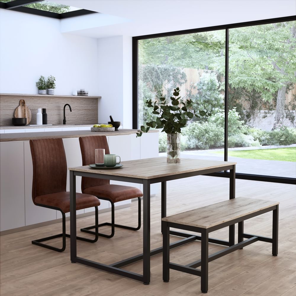 Avenue Dining Table, Bench & 2 Perth Chairs, Natural Oak Effect & Black Steel, Tan Classic Faux Leather, 120cm