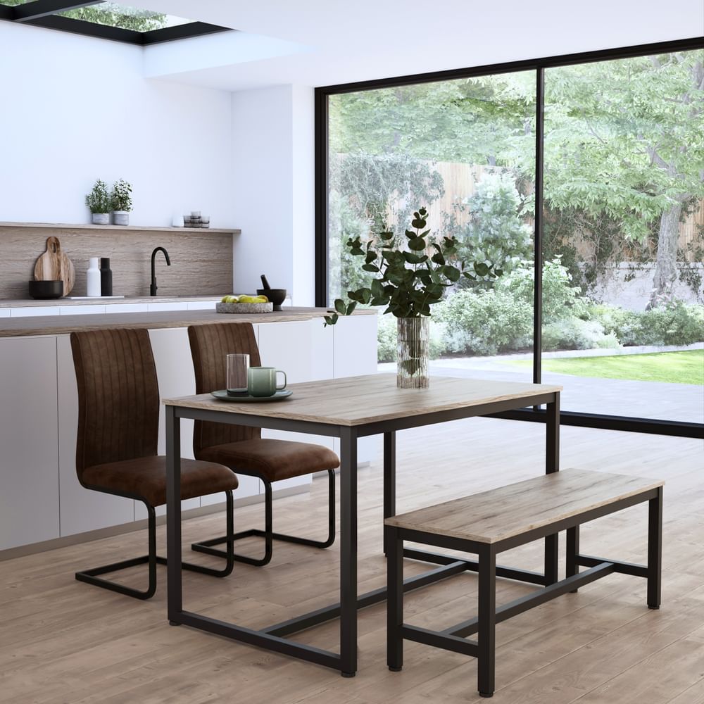 Avenue Dining Table, Bench & 2 Perth Chairs, Natural Oak Effect & Black Steel, Vintage Brown Classic Faux Leather, 120cm