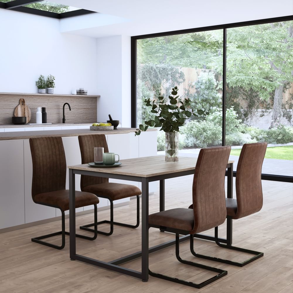 Avenue Dining Table & 4 Perth Chairs, Natural Oak Effect & Black Steel, Vintage Brown Classic Faux Leather, 120cm