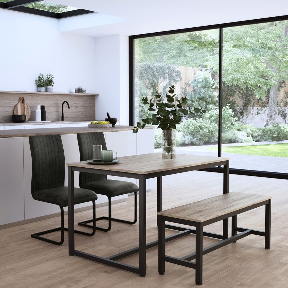 Avenue Dining Table, Bench & 2 Perth Chairs, Natural Oak Effect & Black Steel, Vintage Grey Classic Faux Leather, 120cm