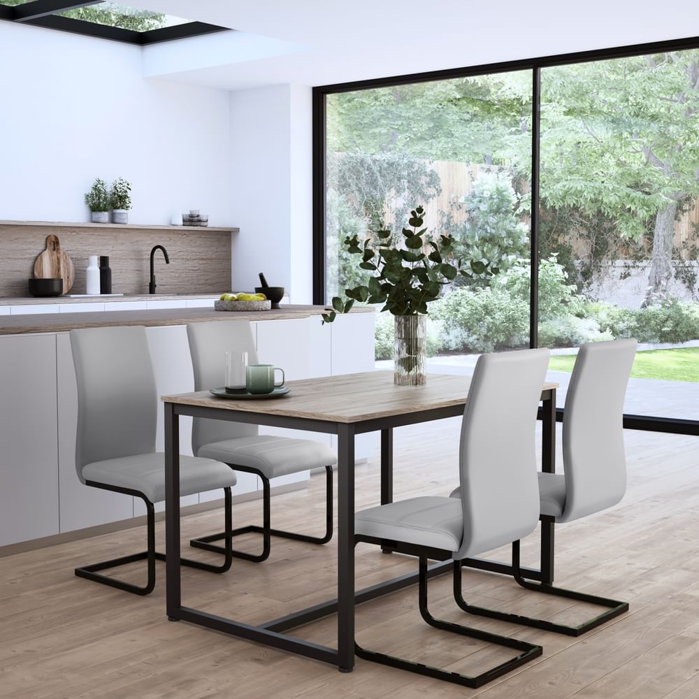 Avenue Dining Table & 4 Perth Chairs, Natural Oak Effect & Black Steel, Light Grey Classic Faux Leather, 120cm