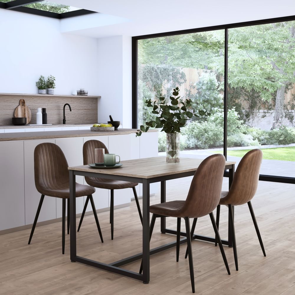 Avenue Dining Table & 4 Brooklyn Chairs, Natural Oak Effect & Black Steel, Vintage Brown Classic Faux Leather, 120cm