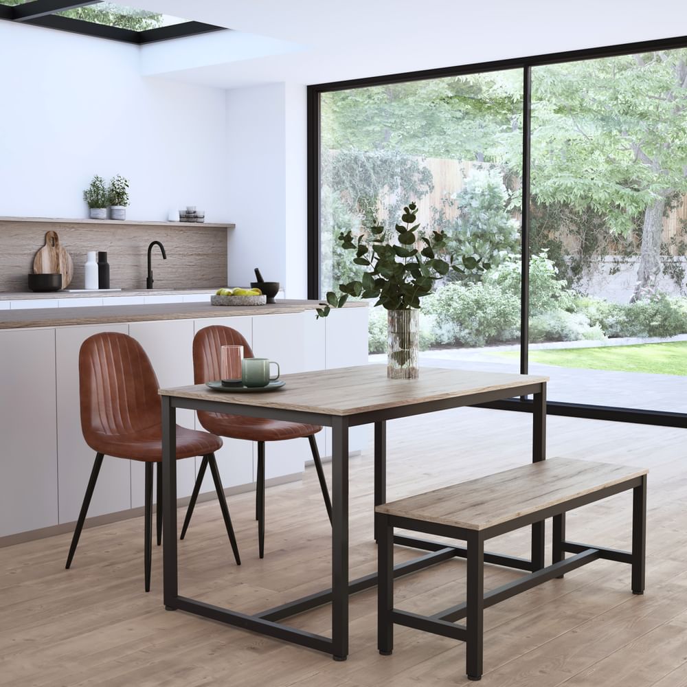 Avenue Dining Table, Bench & 2 Brooklyn Chairs, Natural Oak Effect & Black Steel, Tan Classic Faux Leather, 120cm