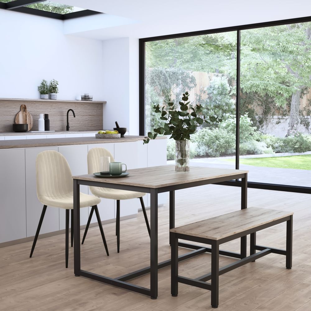 Avenue Dining Table, Bench & 2 Brooklyn Chairs, Natural Oak Effect & Black Steel, Grey Classic Velvet, 120cm
