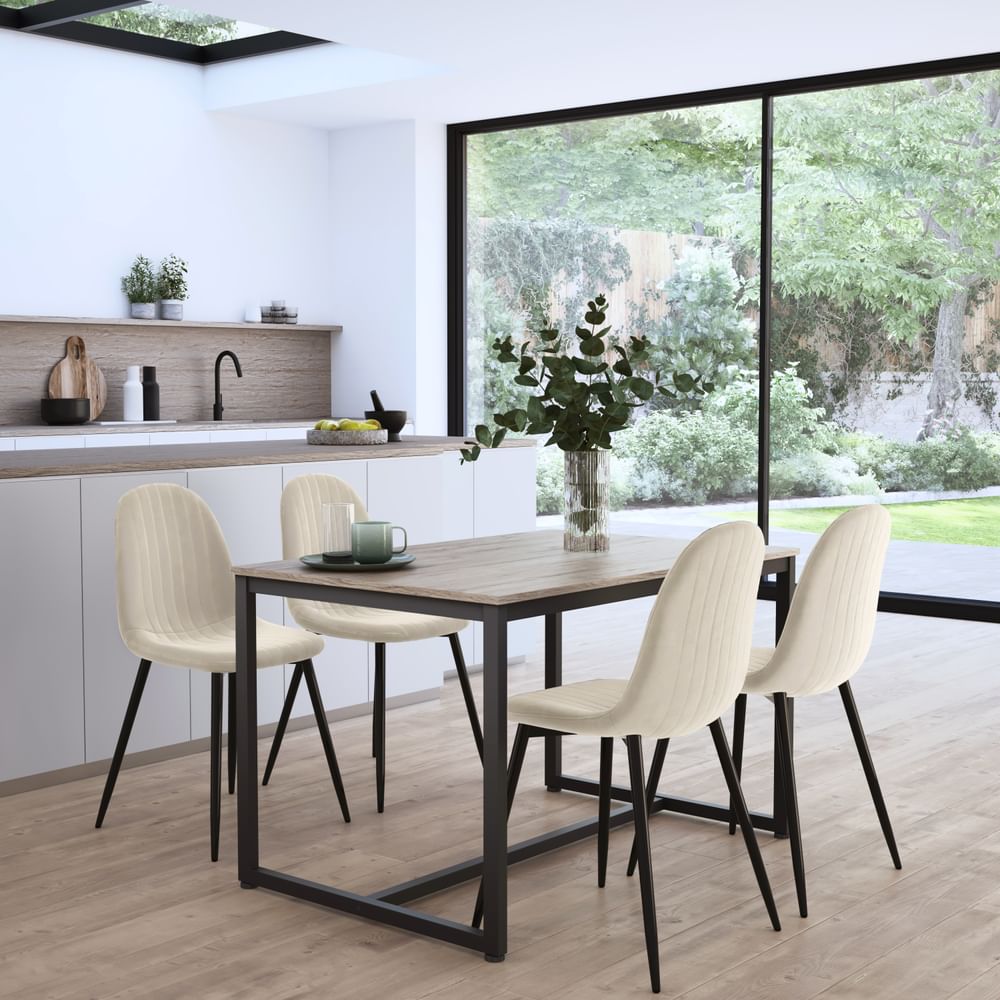 Avenue Industrial Dining Table & 4 Brooklyn Chairs, Natural Oak Effect & Black Steel, Grey Classic Velvet, 120cm