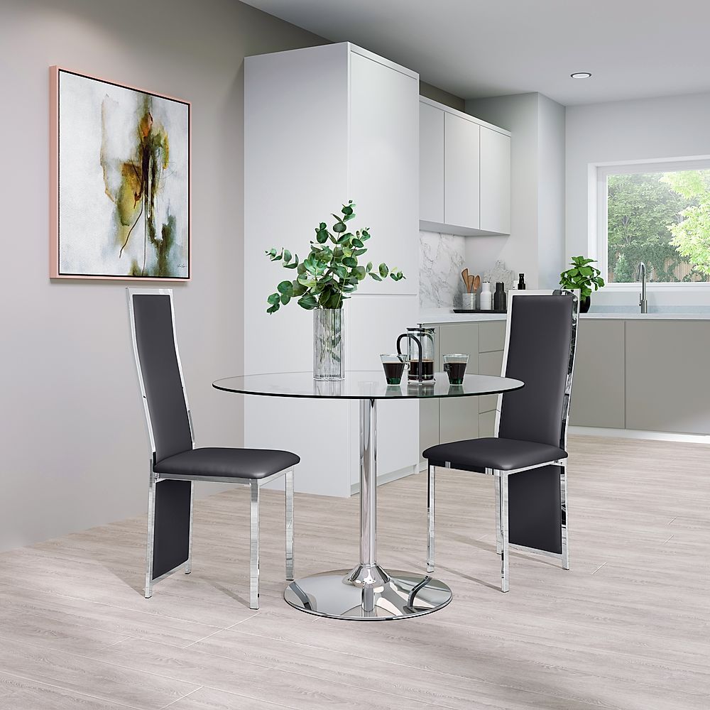 Orbit Round Dining Table & 2 Celeste Chairs, Glass & Chrome, Grey Classic Faux Leather, 110cm
