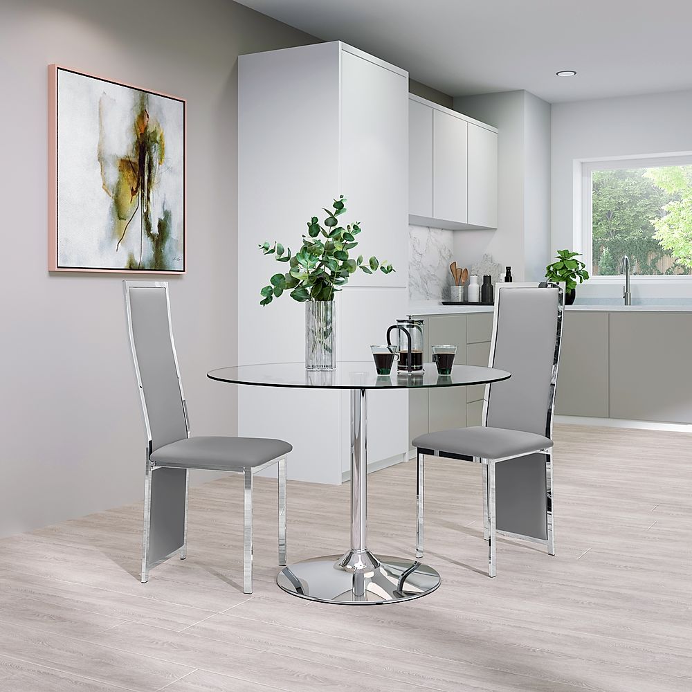 Orbit Round Dining Table & 2 Celeste Chairs, Glass & Chrome, Light Grey Classic Faux Leather, 110cm