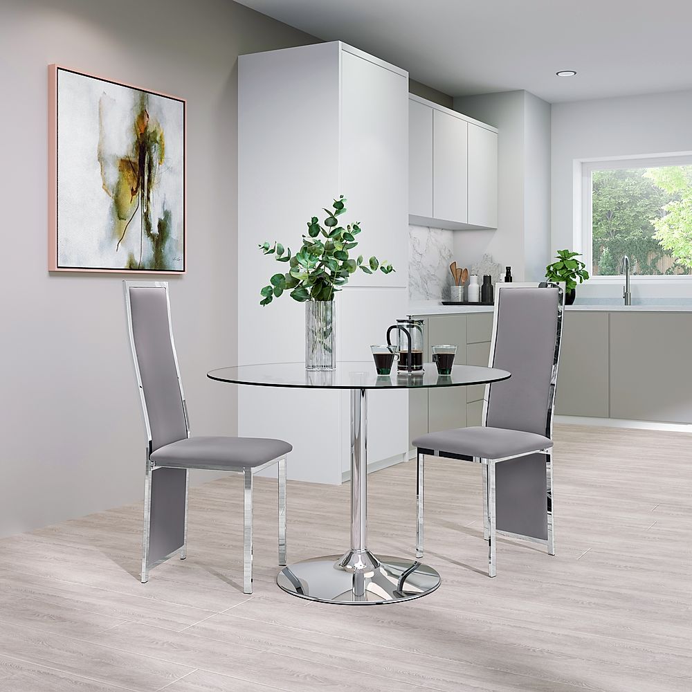 Orbit Round Dining Table & 2 Celeste Chairs, Glass & Chrome, Grey Classic Velvet, 110cm