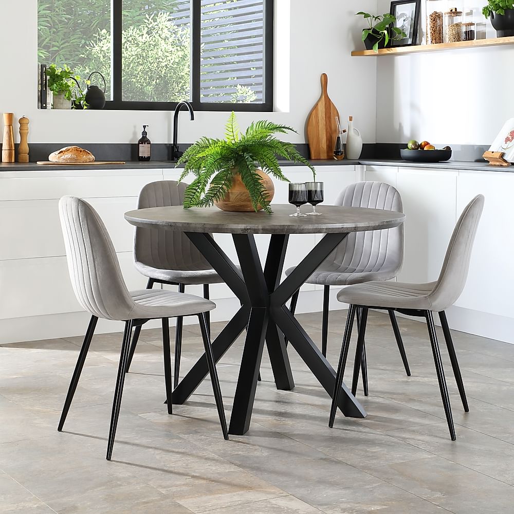 Newark Round Industrial Dining Table & 4 Brooklyn Chairs, Grey Concrete Effect & Black Steel, Grey Classic Velvet, 110cm