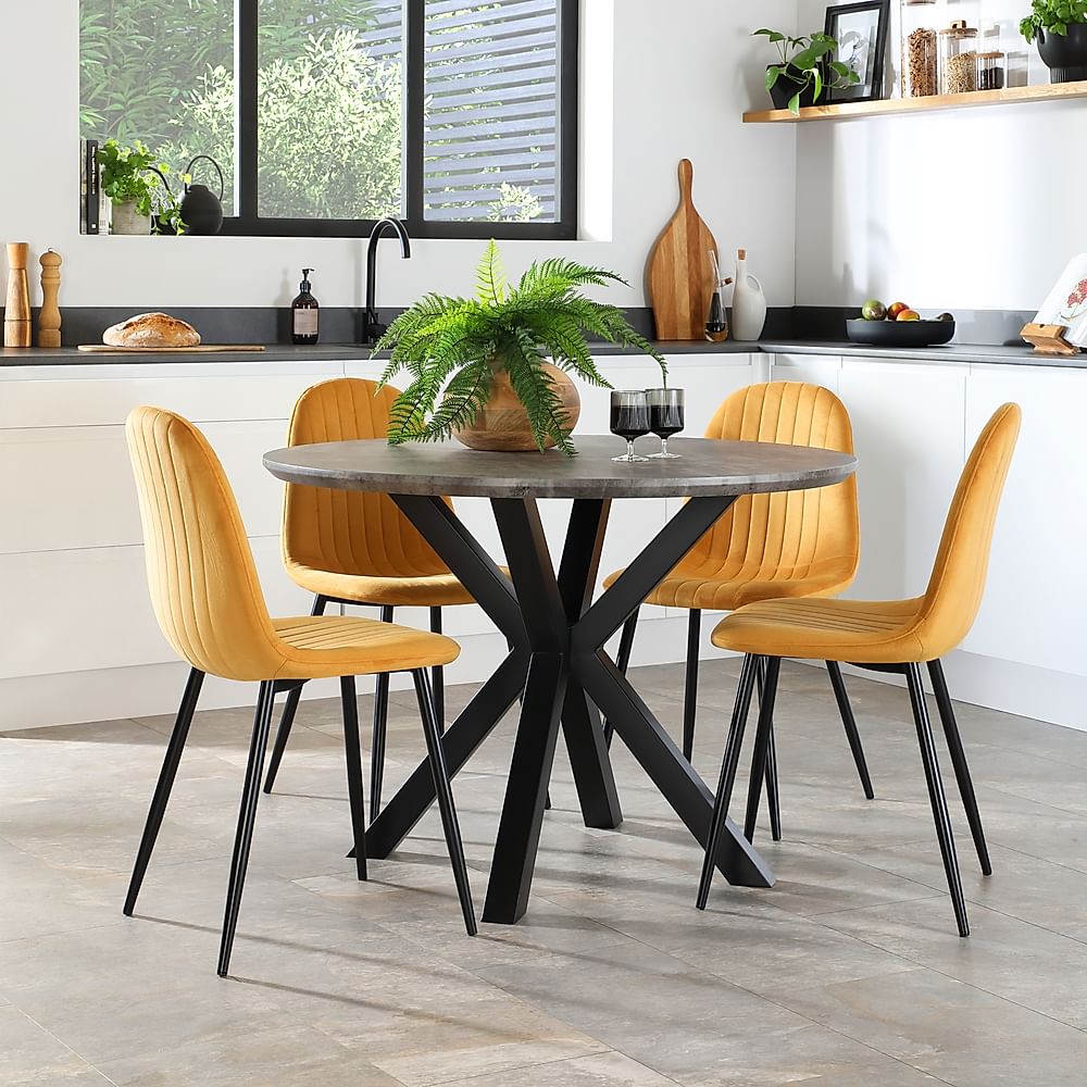 Newark Round Industrial Dining Table & 4 Brooklyn Chairs, Grey Concrete Effect & Black Steel, Mustard Classic Velvet, 110cm
