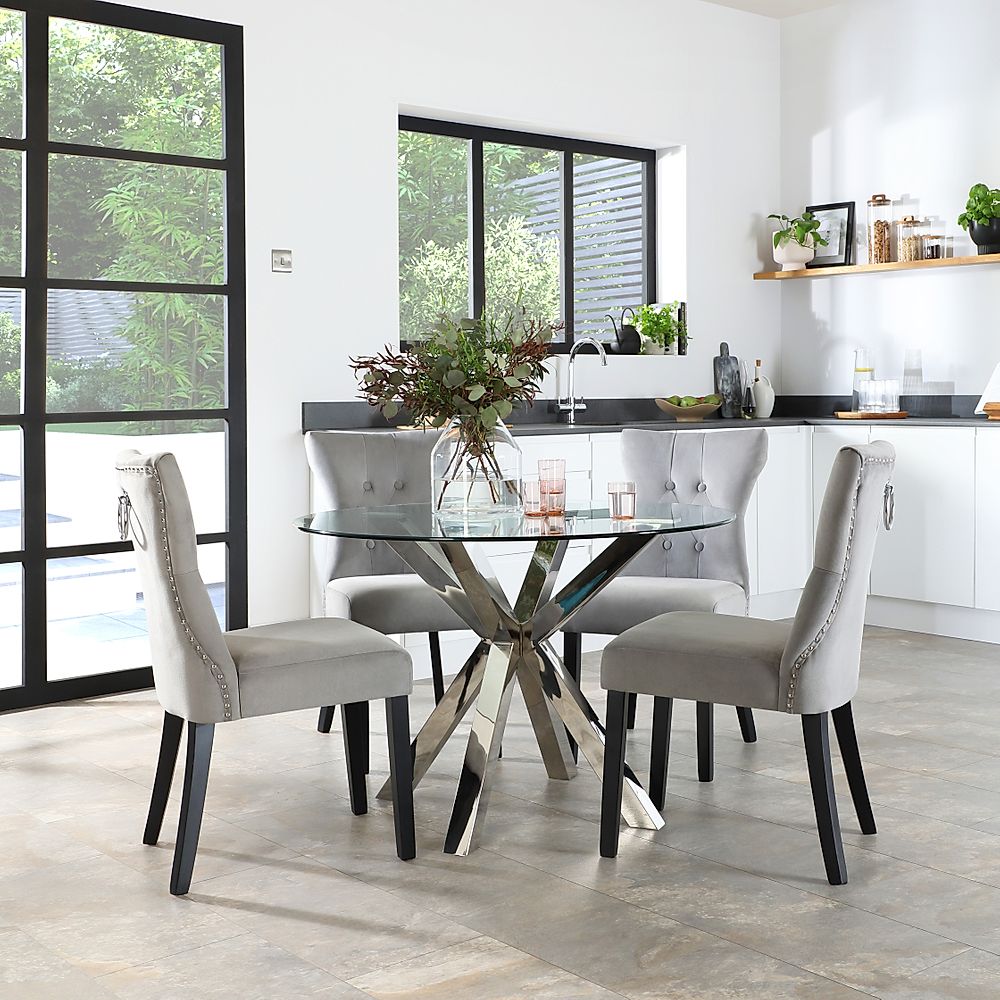 Plaza Round Dining Table & 4 Kensington Chairs, Glass & Chrome, Grey ...