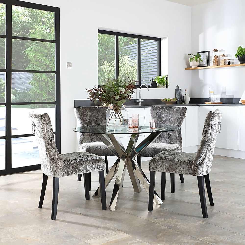 Plaza Round Dining Table & 4 Kensington Chairs, Glass & Chrome, Silver Crushed Velvet & Black Solid Hardwood, 110cm