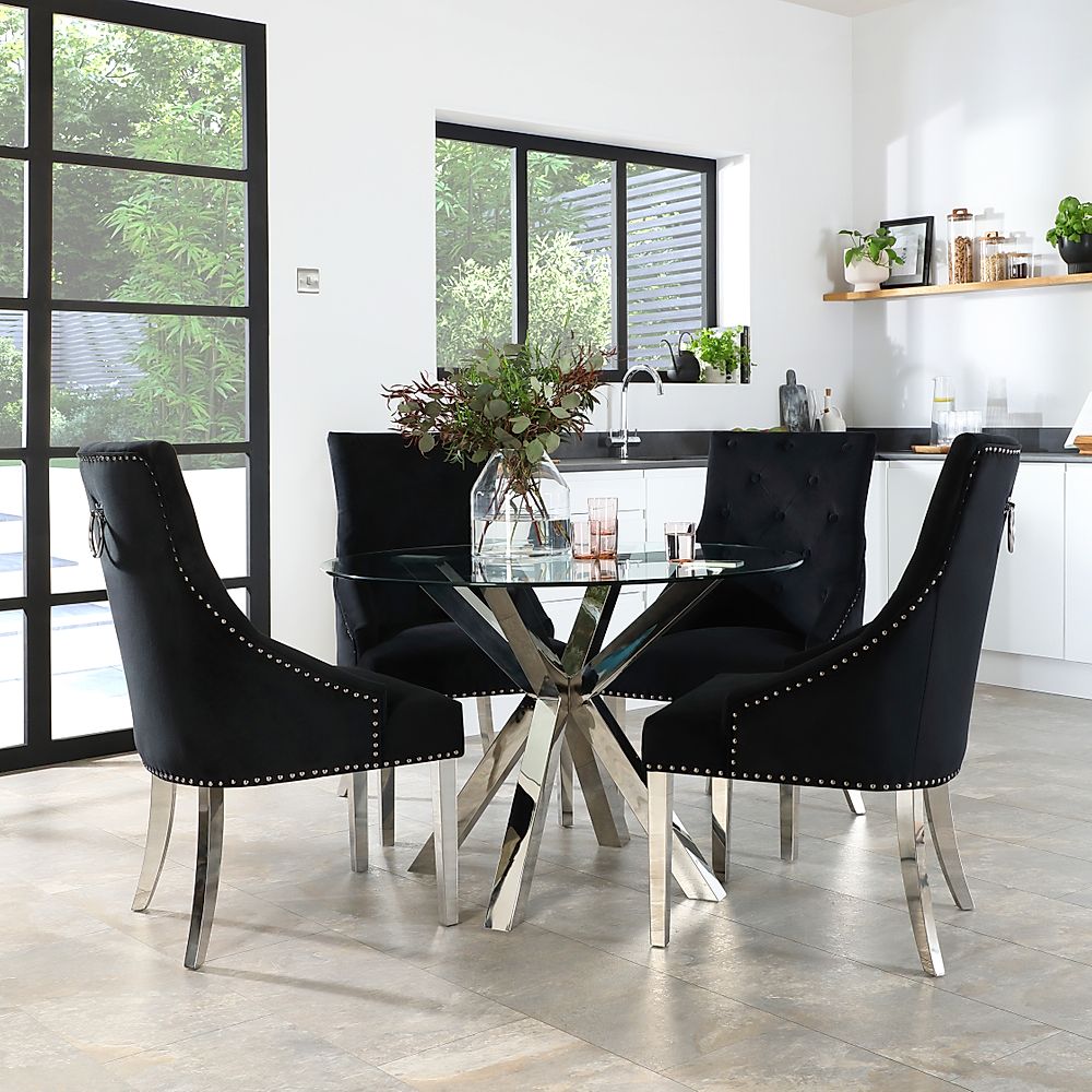 Plaza Round Dining Table & 4 Imperial Chairs, Glass & Chrome, Black Classic Velvet, 110cm