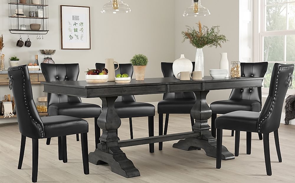 Cavendish Extending Dining Table & 8 Kensington Chairs, Grey Oak Veneer & Solid Hardwood, Black Classic Faux Leather & Black Solid Hardwood, 160-200cm