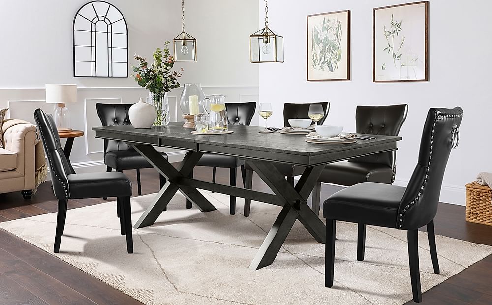 Grange Extending Dining Table & 6 Kensington Chairs, Grey Oak Veneer & Solid Hardwood, Black Classic Faux Leather & Black Solid Hardwood, 180-220cm