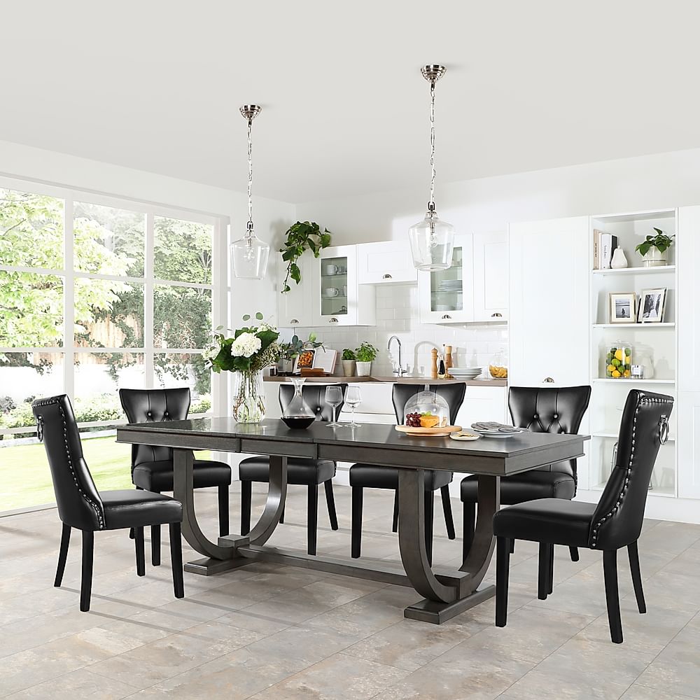 Pavilion Extending Dining Table & 8 Kensington Chairs, Grey Oak Veneer & Solid Hardwood, Black Classic Faux Leather & Black Solid Hardwood, 180-225cm