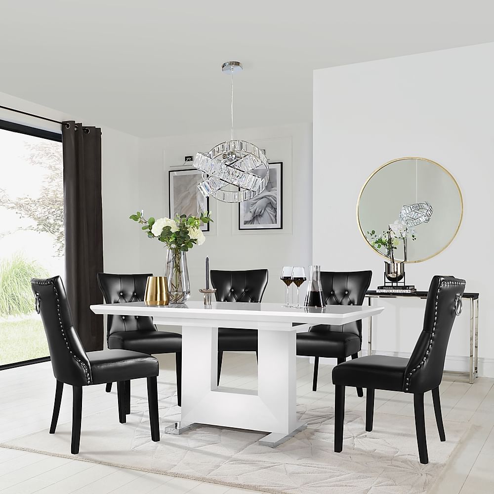 Florence Extending Dining Table & 6 Kensington Chairs, White High Gloss, Black Premium Faux Leather & Black Solid Hardwood, 120-160cm
