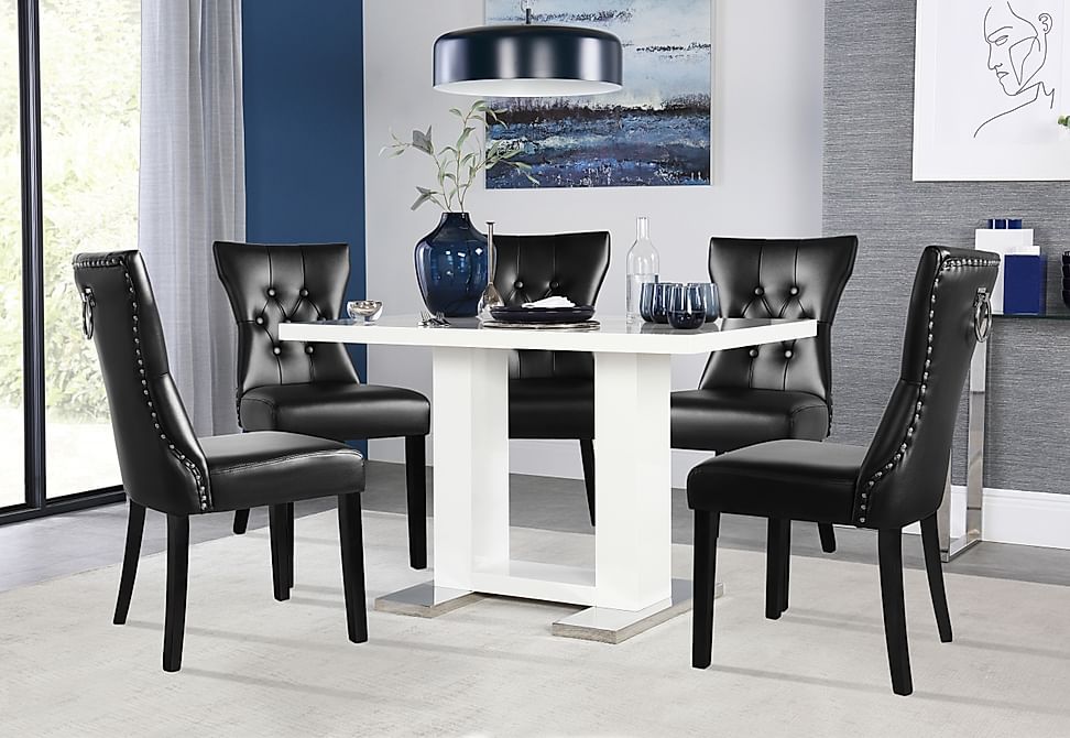 Joule Dining Table & 6 Kensington Chairs, White High Gloss, Black Classic Faux Leather & Black Solid Hardwood, 120cm